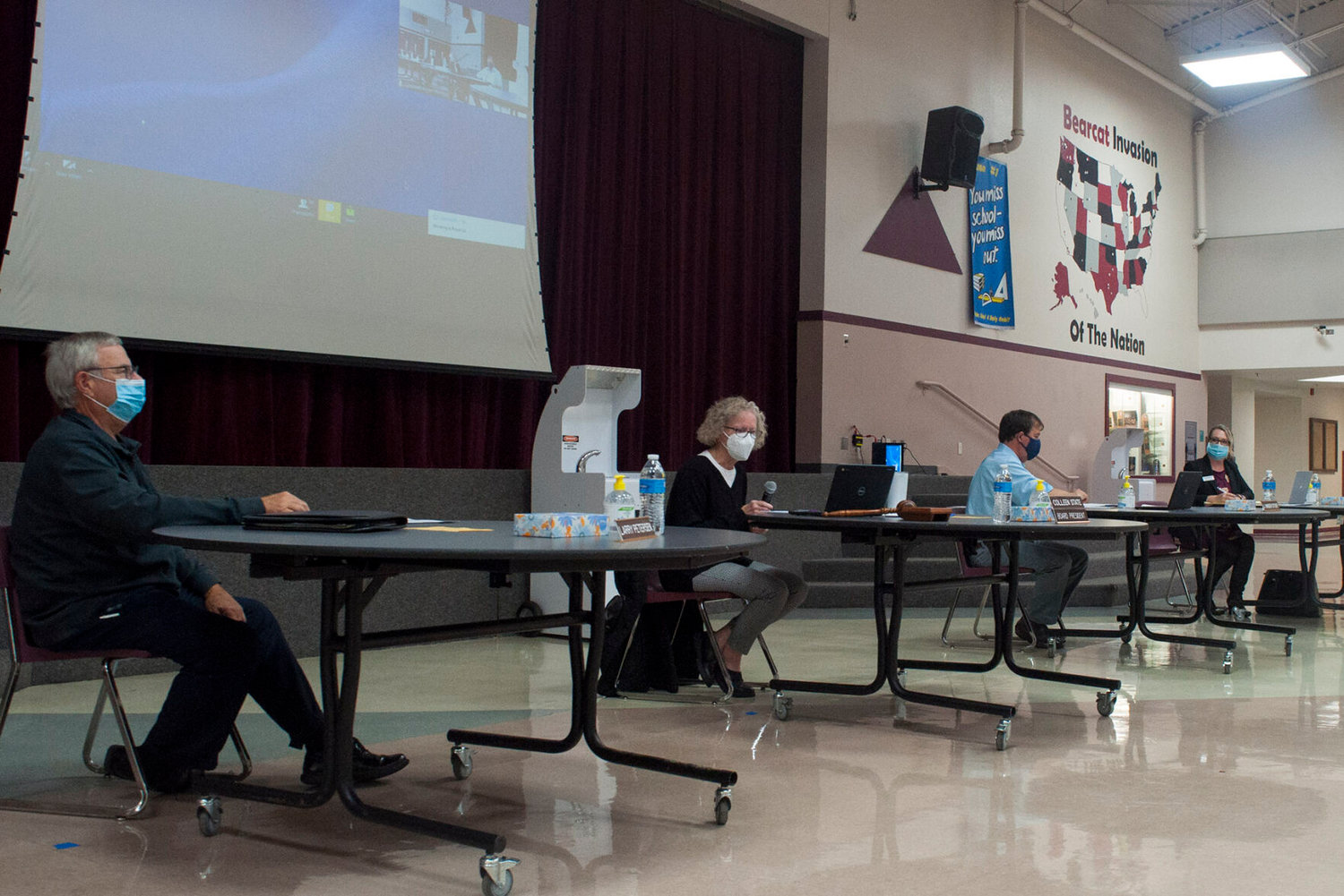 FILE PHOTO — Chehalis School Board members meet at W.F. West High School to hear public comments about their reopening plan in October 2020.